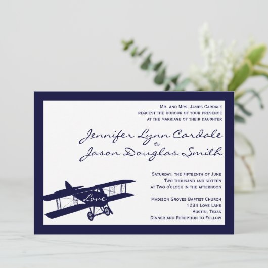  Biplane Aviator Blue bruiloft uitnodigingen (Staand voorkant)