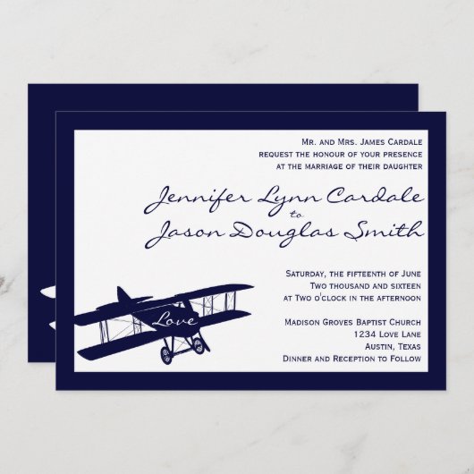 Biplane Aviator Blue bruiloft uitnodigingen (Voorkant / Achterkant)