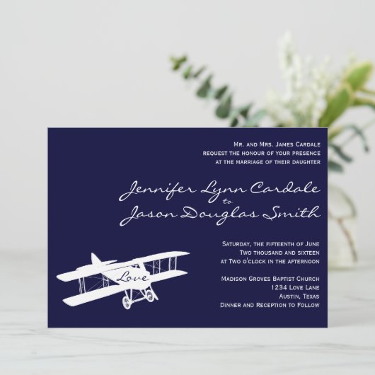 Biplane Aviator Blue bruiloft uitnodigingen (Staand voorkant)