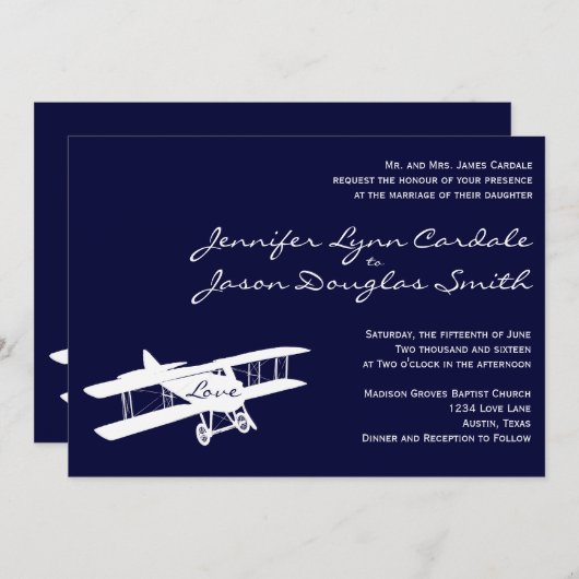  Biplane Aviator Blue bruiloft uitnodigingen (Voorkant / Achterkant)