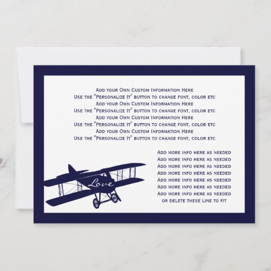  Biplane Aviator Blue Wedding Info Card Kaart (Voorkant)