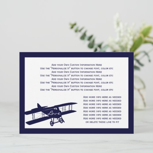  Biplane Aviator Blue Wedding Info Card Kaart (Staand voorkant)