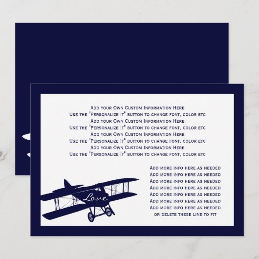 Biplane Aviator Blue Wedding Info Card Kaart (Voorkant / Achterkant)