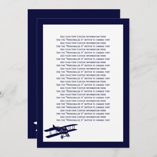  Biplane Aviator Blue Wedding Info Card Kaart (Voorkant / Achterkant)