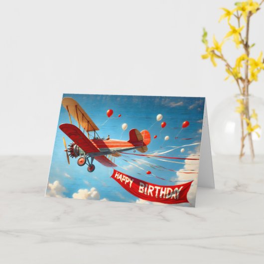 Biplane met Verjaardagsbanner Kaart (Gele Bloem)