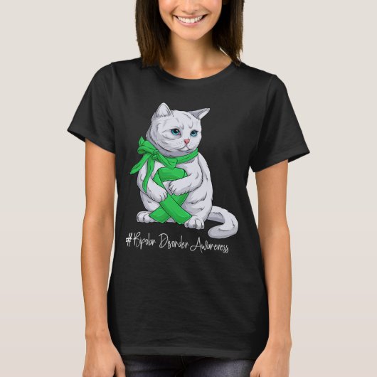 Bipolar Disorder Awareness Month Green Ribbon Cat T-shirt (Voorkant)