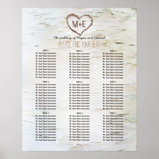 Birch Bark Heart Rustic Wedding Seating Chart Poster (Voorkant)