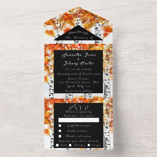 Birch Bark Herfst Country Rustige houtbladeren All In One Uitnodiging (Binnen)