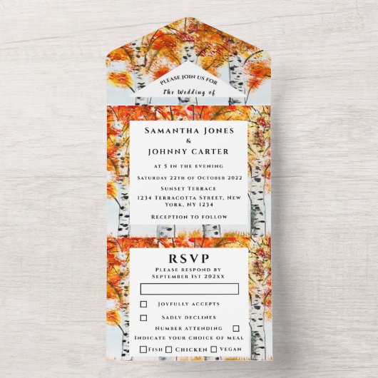 Birch Bark Herfst Country Rustige houtbladeren All In One Uitnodiging (Binnen)