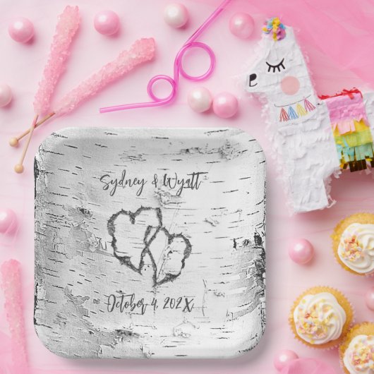 Birch Bark Wedding Hearts Paper Borden Papieren Bordje (Feest)