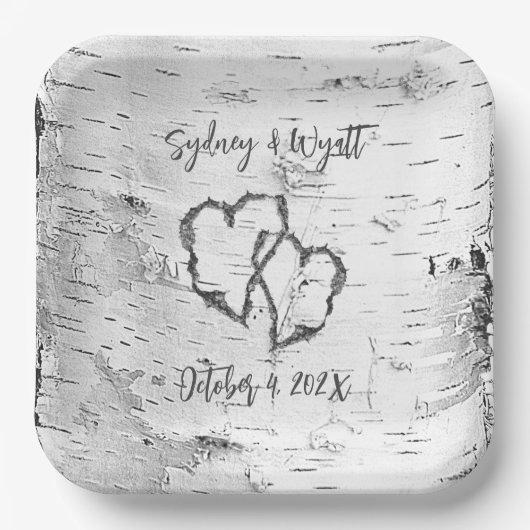 Birch Bark Wedding Hearts Paper Borden Papieren Bordje (Voorkant)
