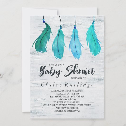 Birch & Blue Feathers Baby shower Kaart (Voorkant)