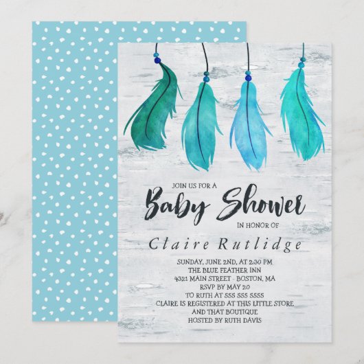 Birch & Blue Feathers Baby shower Kaart (Voorkant / Achterkant)