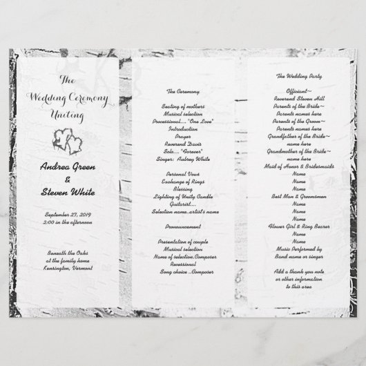 Birch Carved Hearts Wedding Tri-Fold Programme (Voorkant)
