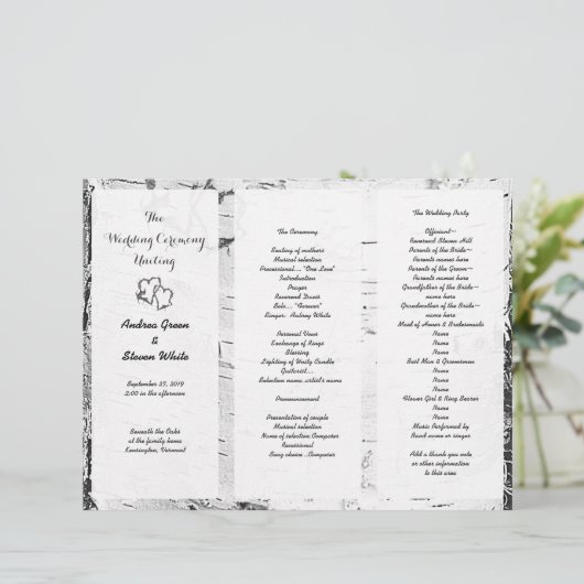 Birch Carved Hearts Wedding Tri-Fold Programme (Staand voorkant)