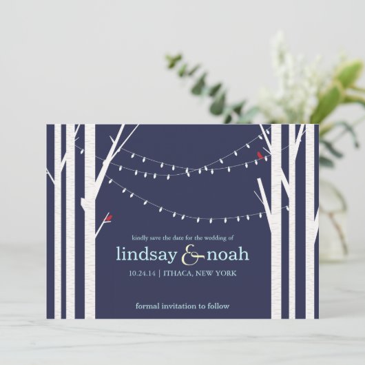 Birch Forest Navy Save the Date Announements (Staand voorkant)