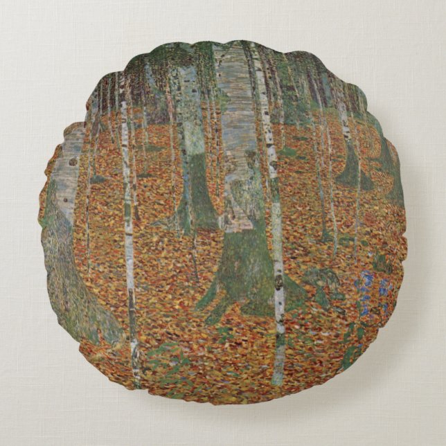 Birch Forest van Gustav Klimt,  Art Nouveau Rond Kussen (Voorkant)