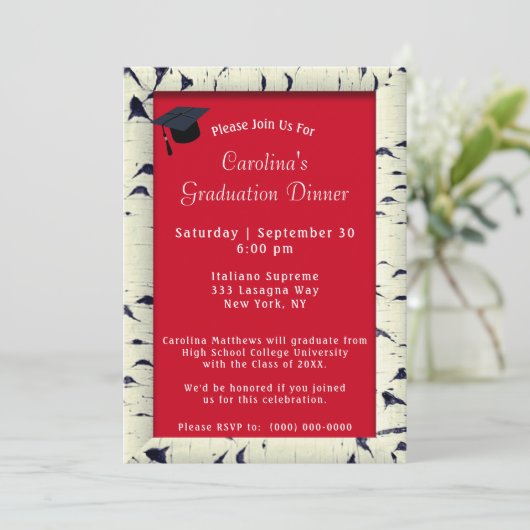 Birch Tree Bark Lijst Rood Diner Pet Afstuderen Kaart (Staand voorkant)