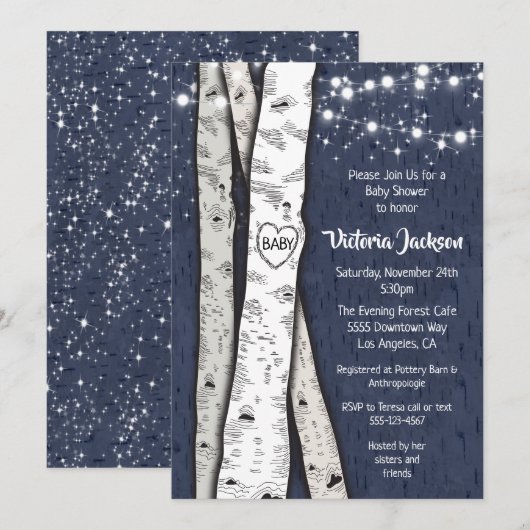 Birch Tree Evening Twinkle Lights Baby shower Kaart (Voorkant / Achterkant)