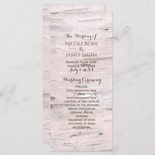 Birch Tree & Heart Rustic Wedding Programma Programmakaart (Voorkant / Achterkant)