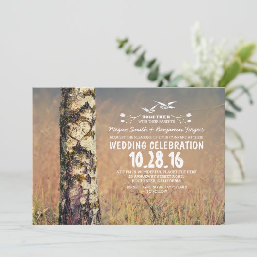 Birch Tree & Heart rustieke bruiloft uitnodigingen (Staand voorkant)