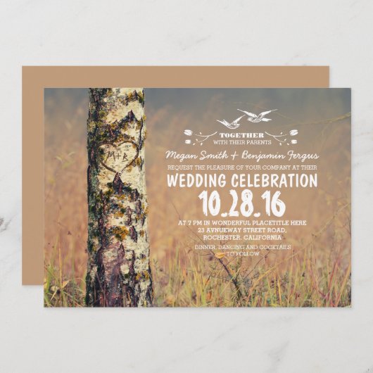 Birch Tree & Heart rustieke bruiloft uitnodigingen (Voorkant / Achterkant)