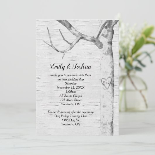 Birch Tree Heart Wedding Invitation Kaart (Staand voorkant)