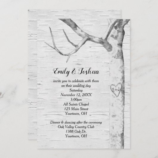 Birch Tree Heart Wedding Invitation Kaart (Voorkant / Achterkant)