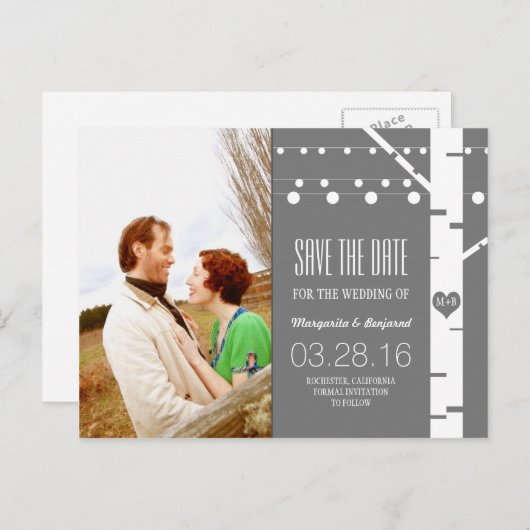 Birch Tree String Lights Foto Sla de datum op Aankondigingskaart (Voorkant / Achterkant)