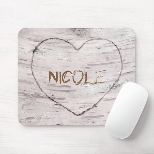Birch Tree Wood & Carved Heart Rustic Land Muismat (Met muis)