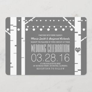 Birch Trees Heart & String Lights Wedding Invites Kaart