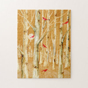 Birch Trees Red Cardinals Art Legpuzzel