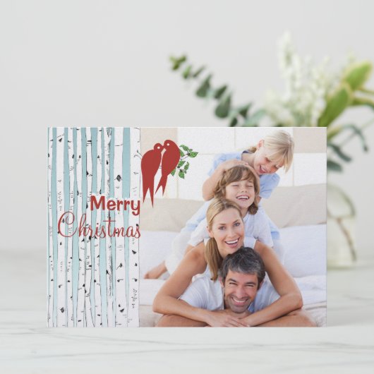 Birch Trees Red Tortelduifjes Merry Kerstmis Feestdagenkaart (Staand voorkant)