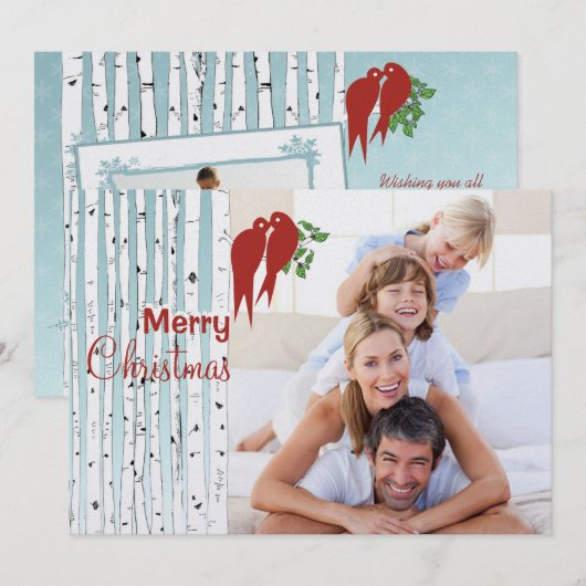 Birch Trees Red Tortelduifjes Merry Kerstmis Feestdagenkaart (Voorkant / Achterkant)