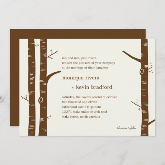 Birch Trees Wedding Invitation - Almond Kaart (Voorkant / Achterkant)