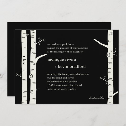 Birch Trees Wedding Invitation - Black Kaart (Voorkant / Achterkant)