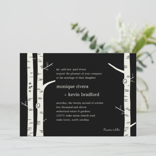 Birch Trees Wedding Invitation - Black Kaart (Staand voorkant)