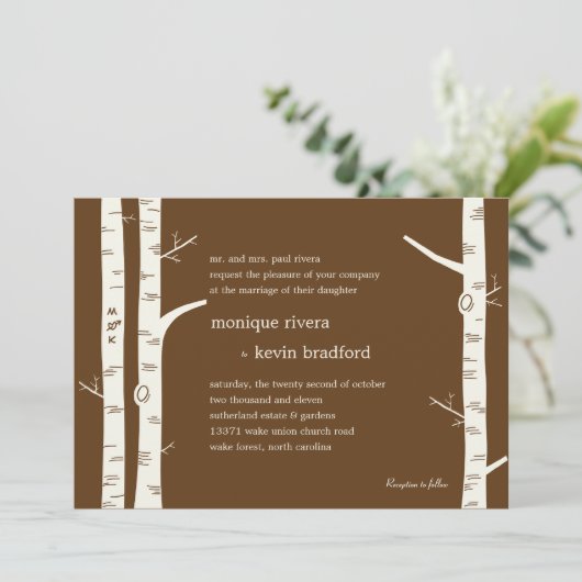 Birch Trees Wedding Invitation - Chocolate Kaart (Staand voorkant)