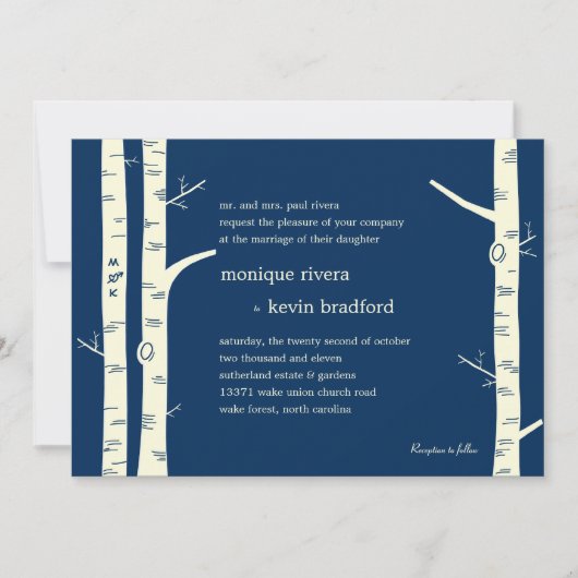 Birch Trees Wedding Invitation - marine Kaart (Voorkant)