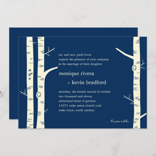Birch Trees Wedding Invitation - marine Kaart (Voorkant / Achterkant)