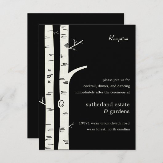 Birch Trees Wedding Reception Card - Black Kaart (Voorkant / Achterkant)