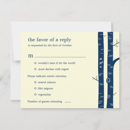 Birch Trees Wedding RSVP Card met entrée - Navy (Voorkant)