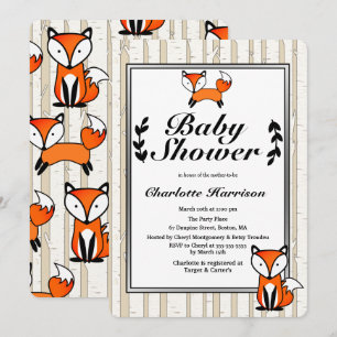 Birch Trees & Woodland Fox Baby shower Kaart