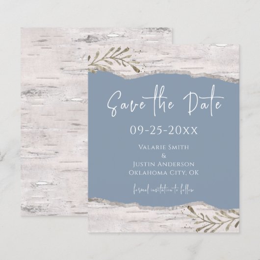 Birch Wood Dust Blue Wedding Save the Date (Voorkant / Achterkant)
