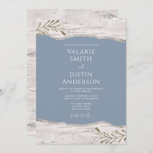 Birch Wood Dusty Blue Wedding Kaart (Voorkant / Achterkant)