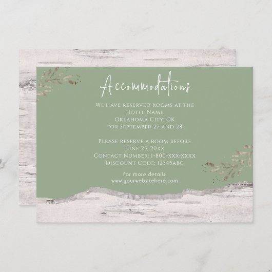 Birch Wood Sage Green Wedding Accommodo Enclo Informatiekaartje (Voorkant / Achterkant)