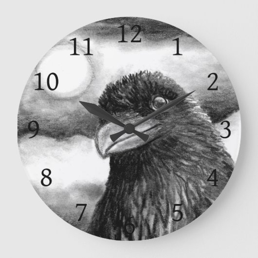 Bird 64 Crow Raven Moon Black White Grote Klok (Voorkant)