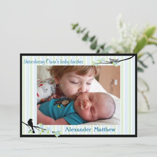 Bird and Blossom Foto Birth Announcement Blues Aankondiging (Staand voorkant)