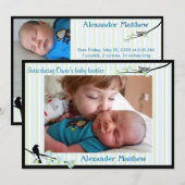 Bird and Blossom Foto Birth Announcement Blues Aankondiging (Voorkant / Achterkant)