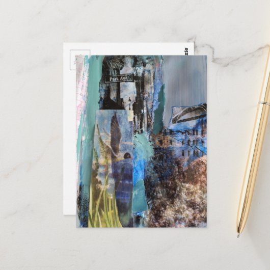 Bird and City Buildings mixed media collage Briefkaart (Voorkant / Achterkant in situ)